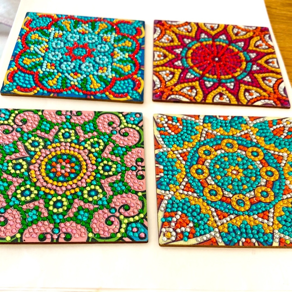 4 square coasters for your favorite company.  Wood backing. Handmade. NWOT